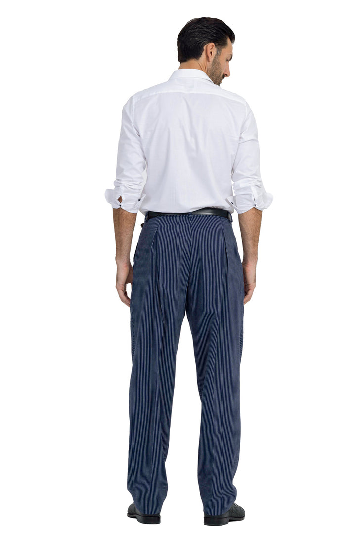 Striped Blue Pants With Front And Back Pleat