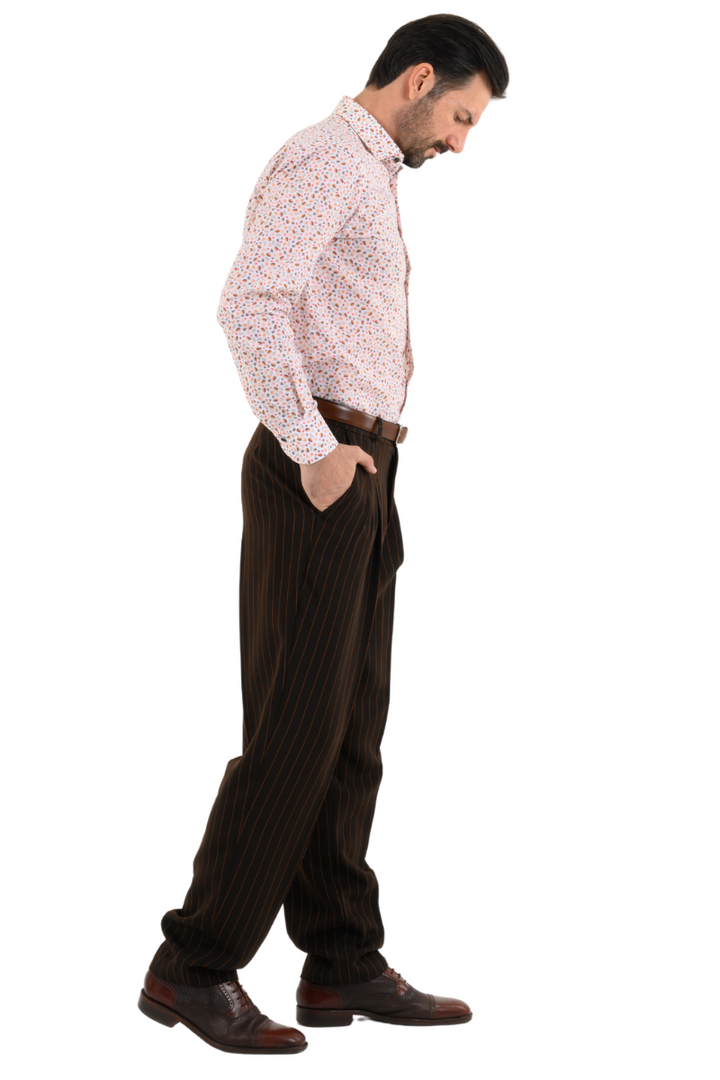 Striped Brown Men's Tango Pants With Three Pleats