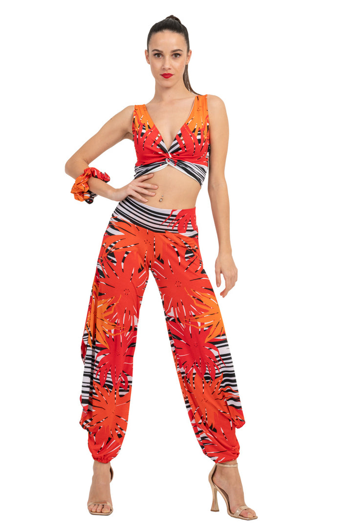 Striped Floral Harem Style Tango Pants With Slits