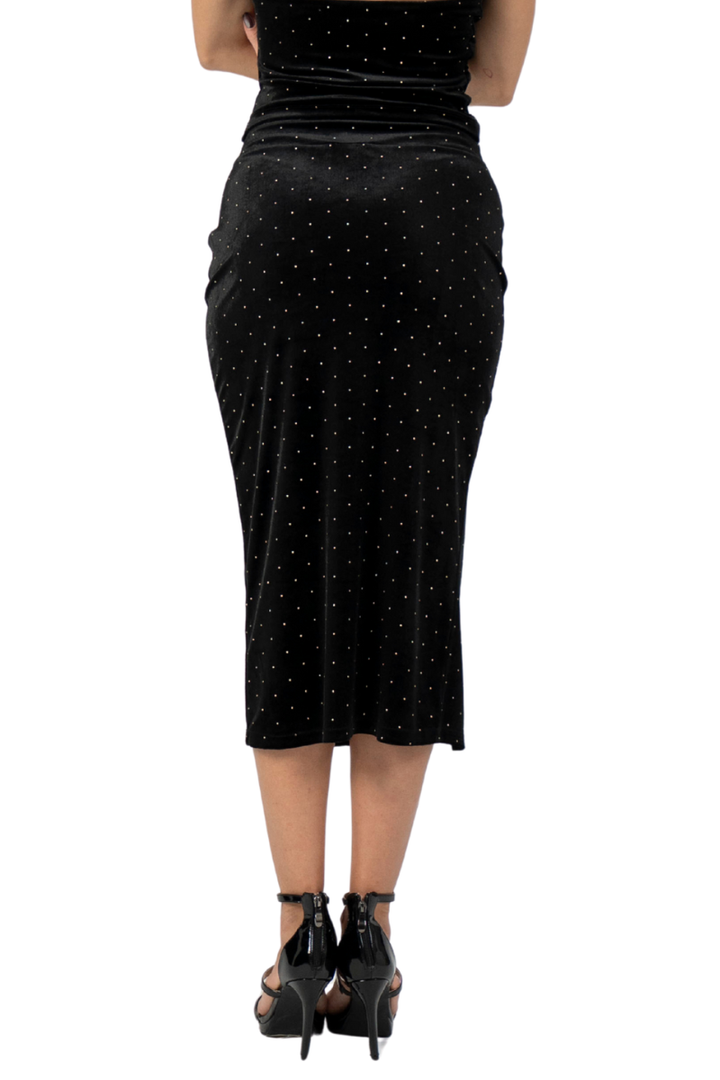 Studded Velvet Midi Pencil Skirt With Right Slit