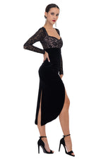 Load image into Gallery viewer, Sweetheart Lace &amp; Velvet Dress With Slits