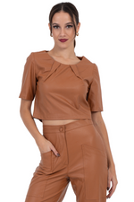 Load image into Gallery viewer, Tan Faux Leather Crop Top With Short Sleeves