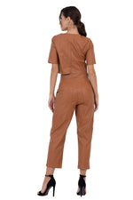 Load image into Gallery viewer, Tan Faux Leather Crop Top With Short Sleeves