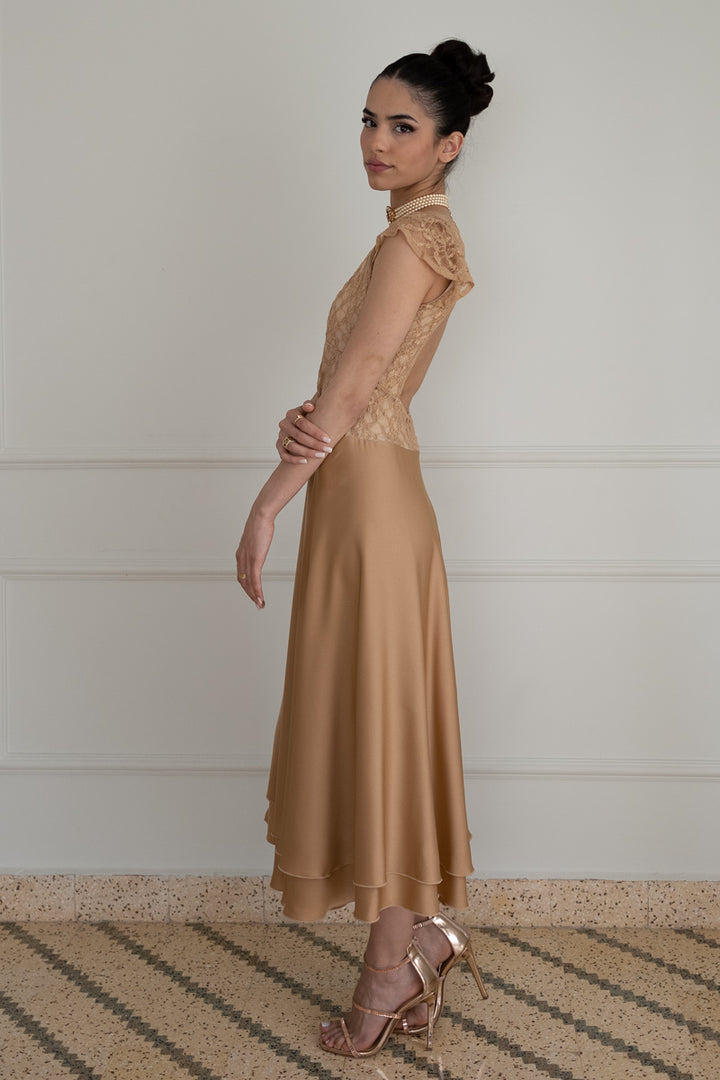 Tan Two-Layer Satin And Lace Backless Dress