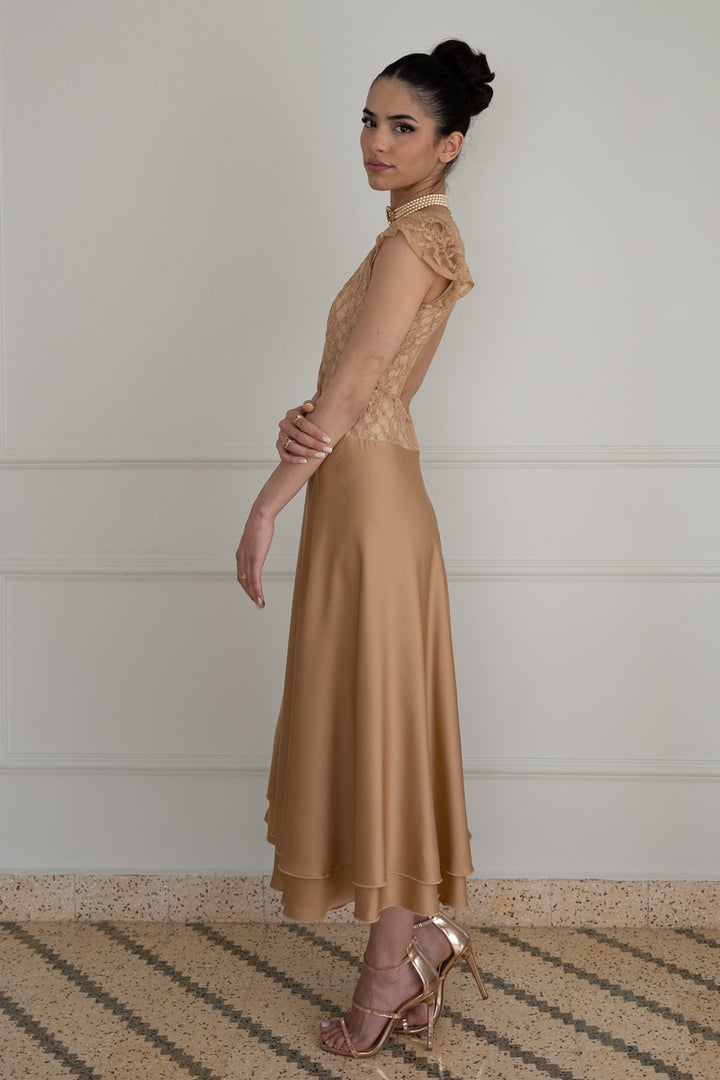 Tan Two-Layer Satin And Lace Backless Dress Tan Two-Layer Satin And Lace Backless Dress