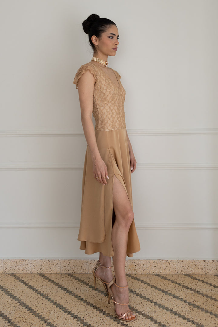 tan lace dress Tan Two-Layer Satin And Lace Backless Dress