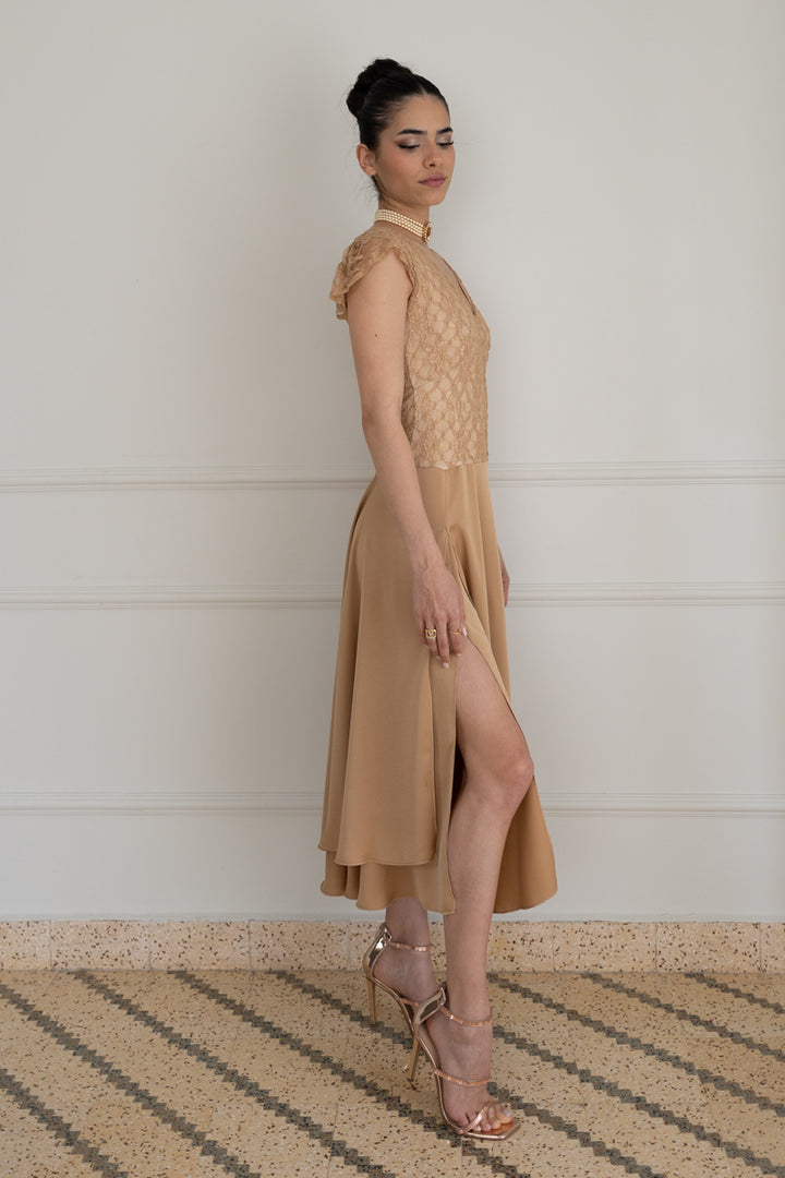 Tan Two-Layer Satin And Lace Backless Dress