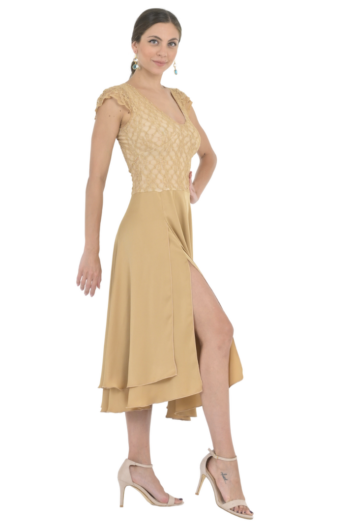 Tan Two-Layer Satin And Lace Backless Dress Tan Two-Layer Satin And Lace Backless Dress