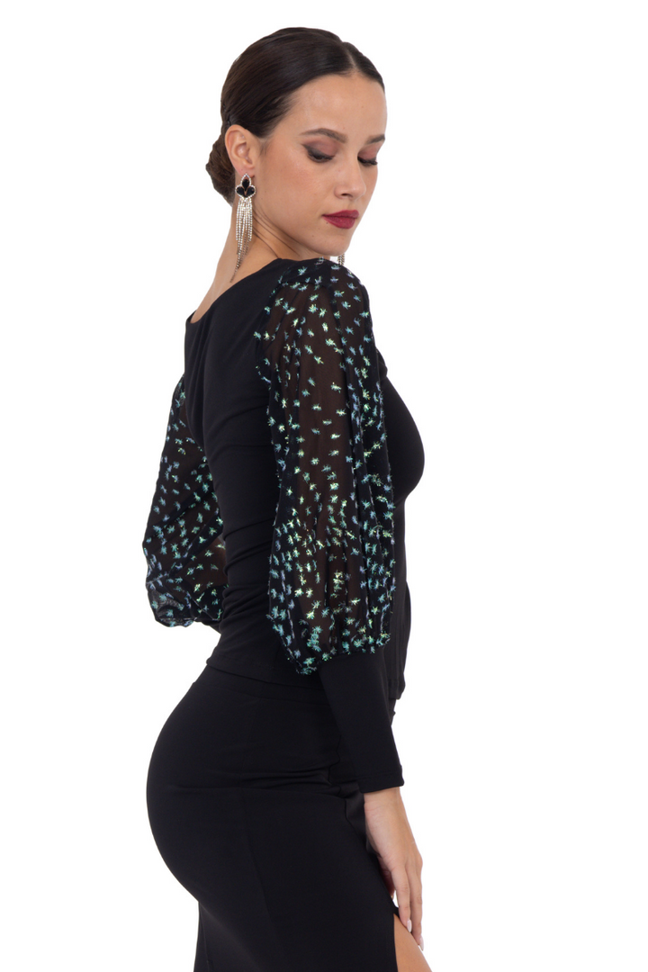 Tango Top With Mesh Sparkling Detailed Sleeves