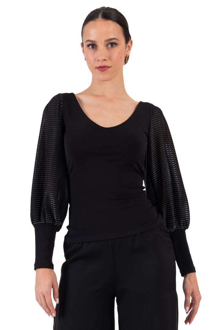 Tango Top With Sheer And Shiny Long Split Sleeves