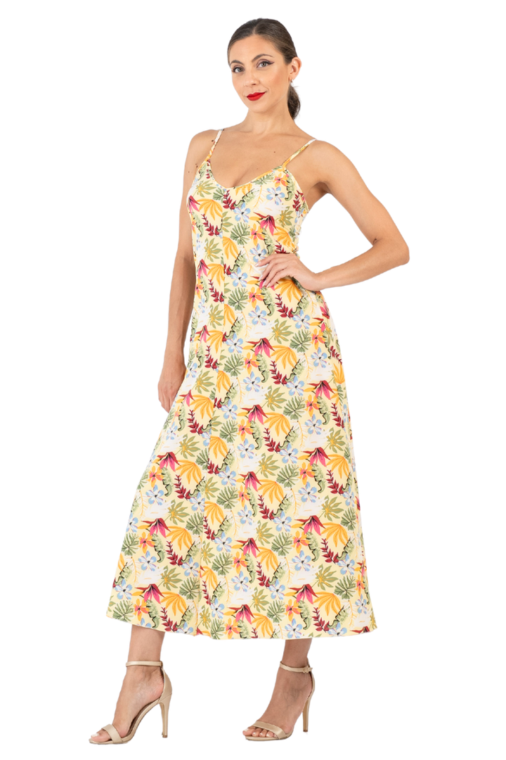 Tropical Floral Print Viscose Midi Dress