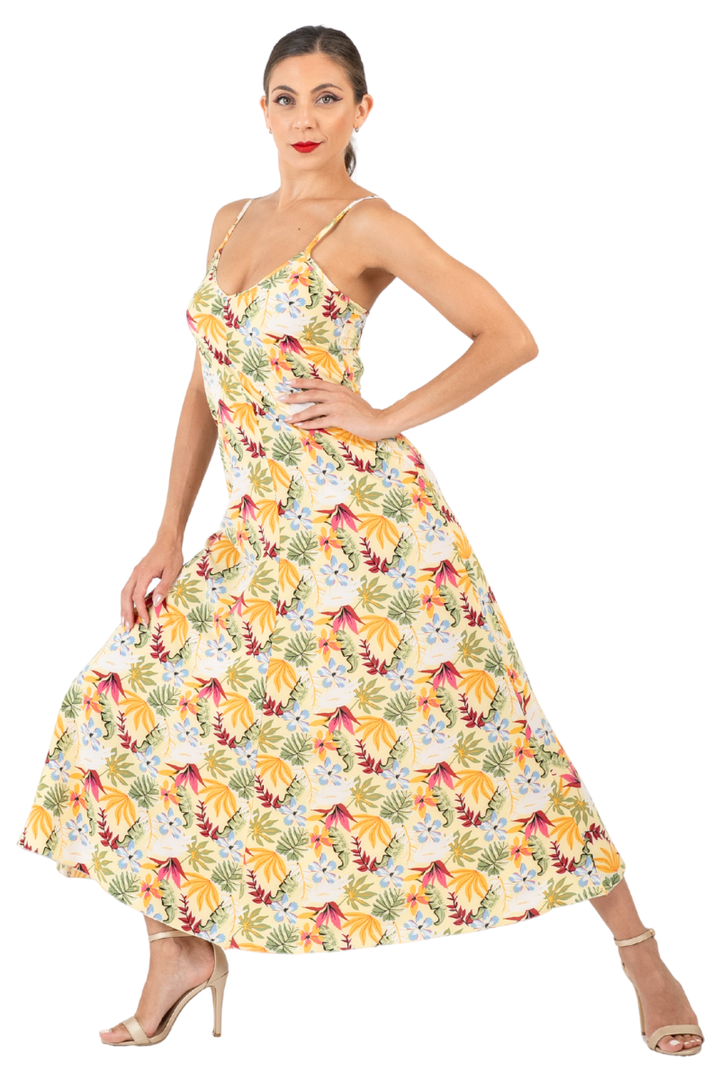 Tropical Floral Print Viscose Midi Dress