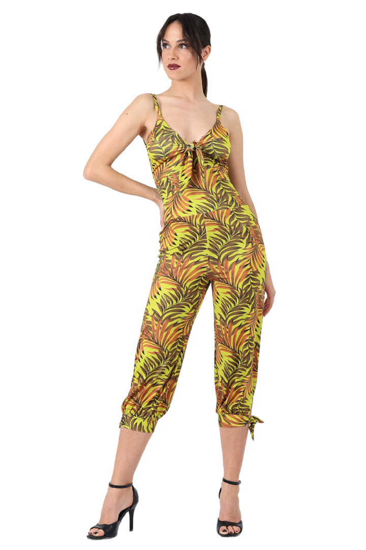 Tropical Palm Leaf Print Sleeveless Front Tie Jumpsuit