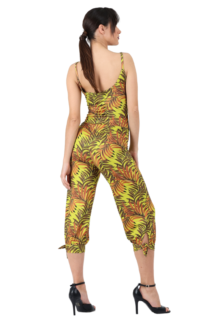 Tropical Palm Leaf Print Sleeveless Front Tie Jumpsuit
