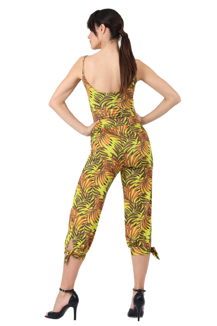 Tropical Palm Leaf Print Sleeveless Front Tie Jumpsuit