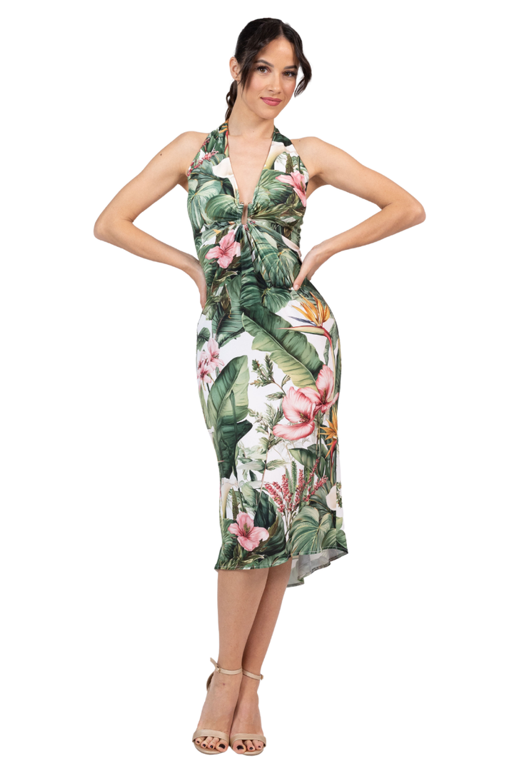 Tropical Paradise Plunge Halter Dress with Metallic Detail