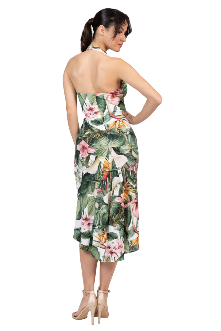 Tropical Paradise Plunge Halter Dress with Metallic Detail