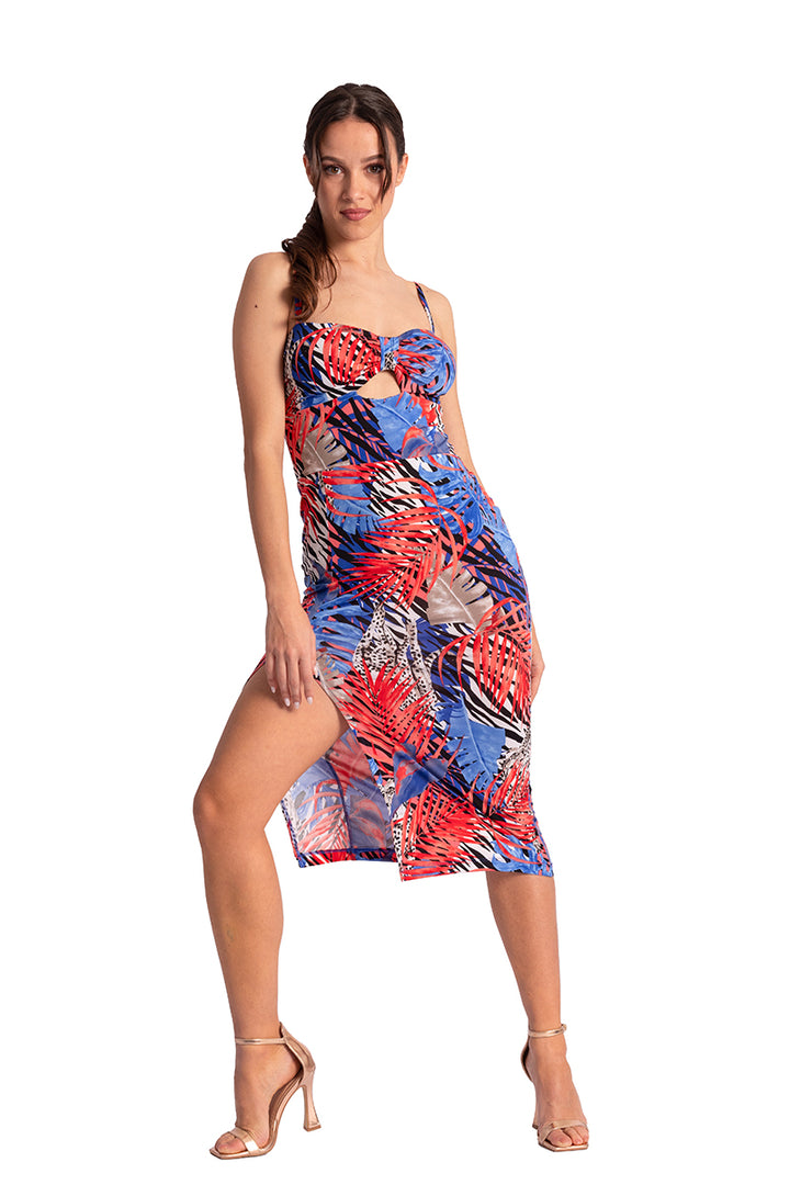 Tropical Print Bow Bust Midi Dress With Slit 