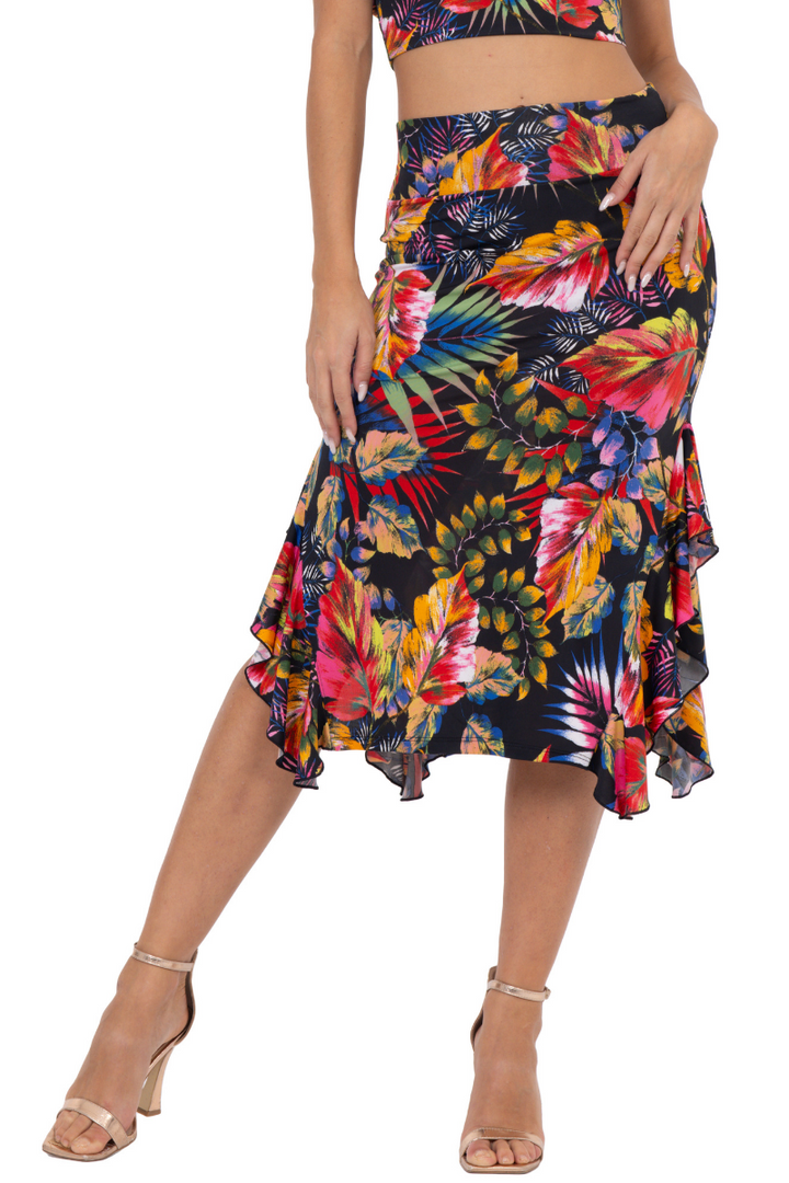 Tropical Print Midi Skirt With Side Ruffles