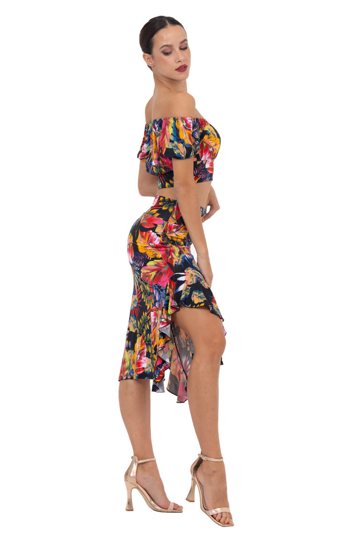 Tropical Print Midi Skirt With Side Ruffles