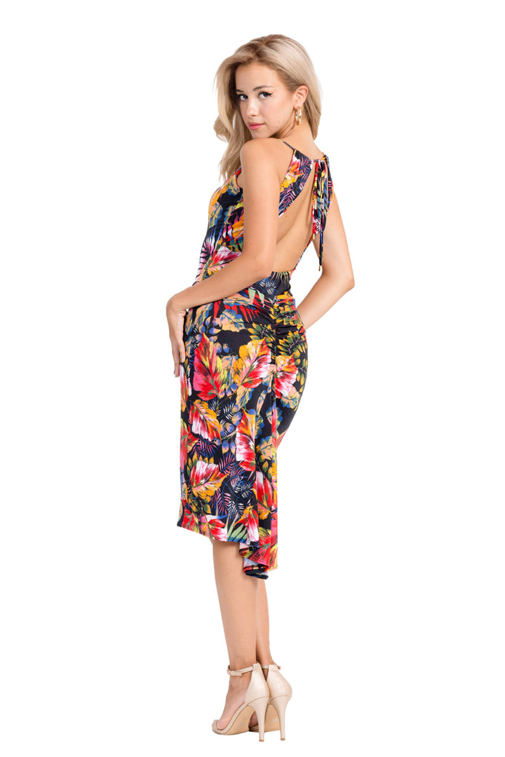 Tropical Print Open Back Fishtail Dress