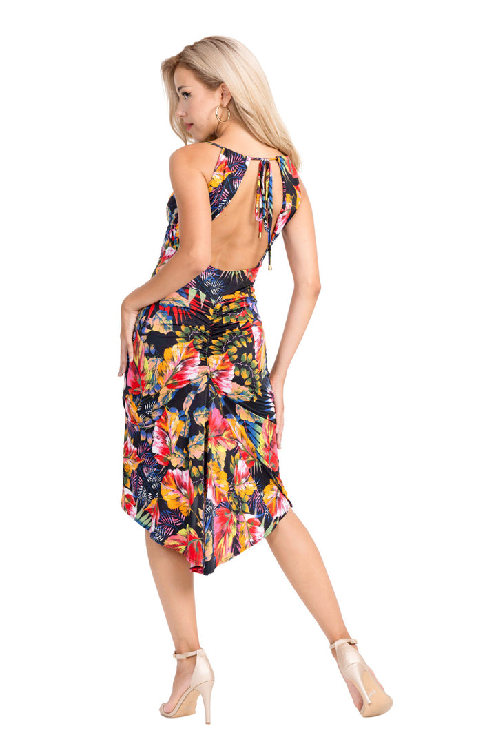 Tropical Print Open Back Fishtail Dress