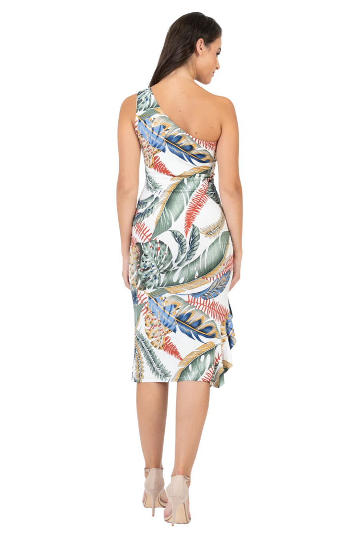 Tropical Leaf Print One-Shoulder Midi Dress With Side Ruffles