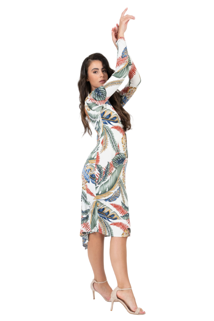 Tropical Leaf Print Print Open Tie Back Tango Dress