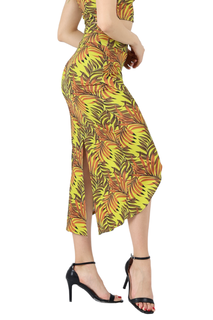 Tropical Palm Leaf Print Wrap Skirt With Curved Front Slit