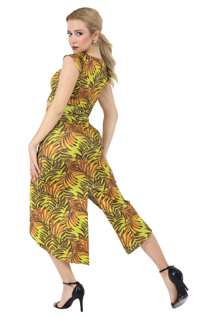 Tropical Palm Leaf Print Wrap Skirt With Curved Front Slit