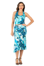 Load image into Gallery viewer, Turquoise Watercolor Floral Print Gathered Tango Skirt with Slits