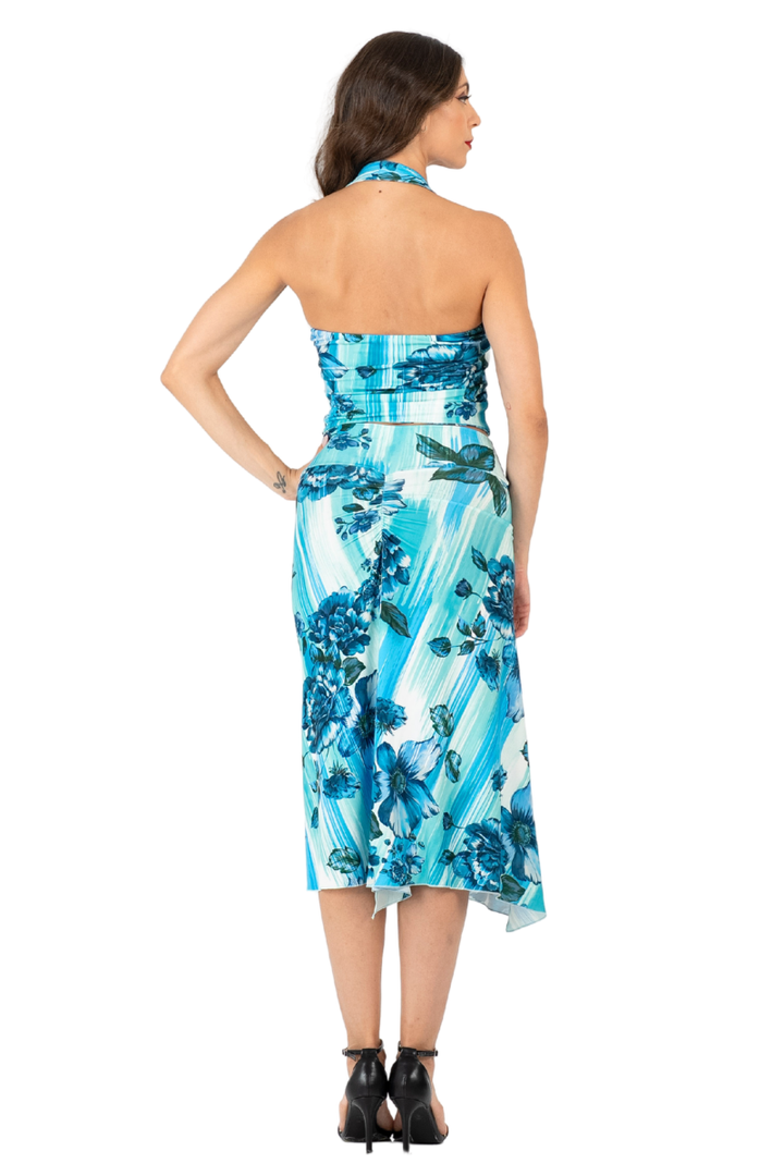Turquoise Watercolor Floral Print Gathered Tango Skirt with Slits