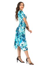 Load image into Gallery viewer, Turquoise Watercolor Floral Print Dress with Side Draping