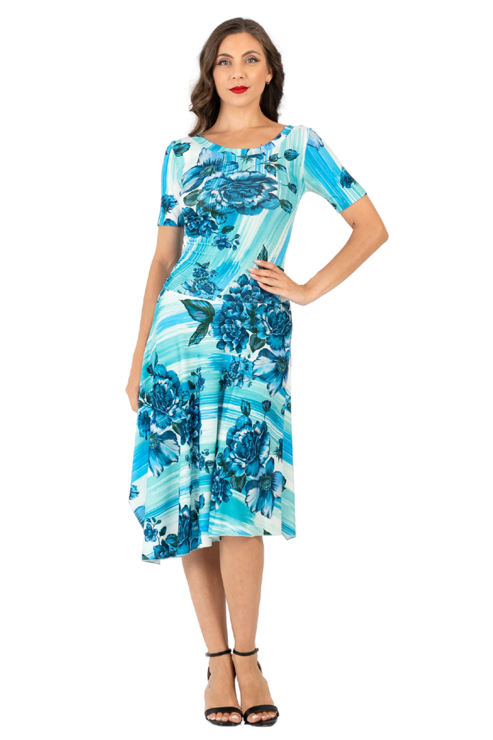 Turquoise Watercolor Floral Print Dress with Side Draping