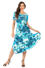 Load image into Gallery viewer, Turquoise Watercolor Floral Print Dress with Side Draping