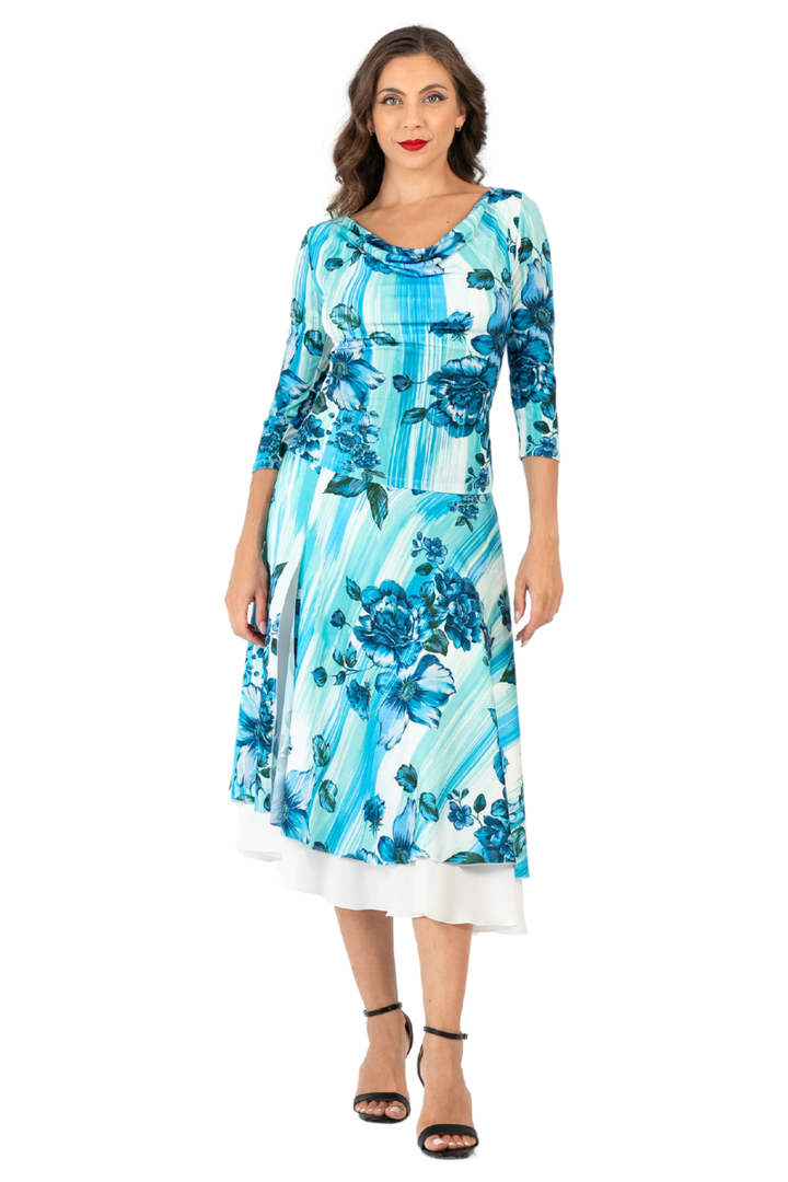 Turquoise Watercolor Floral Print Two-Layer Satin Skirt