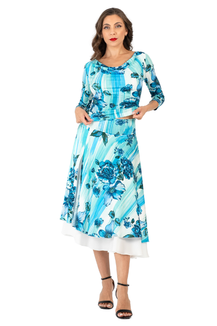 Turquoise Watercolor Floral Print Two-Layer Satin Skirt