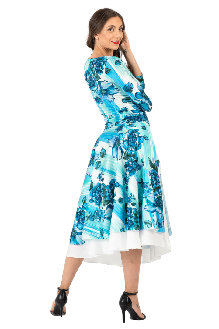 Turquoise Watercolor Floral Print Two-Layer Satin Skirt