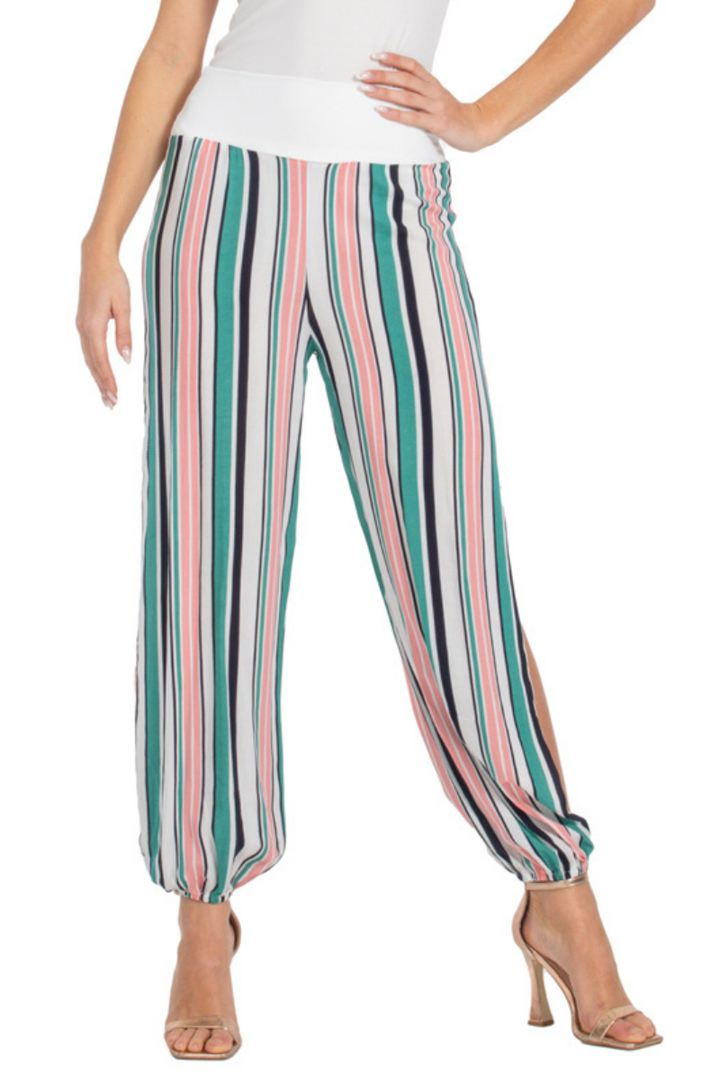 Turquoise & Pink Striped Gathered Tango Pants With Slits