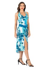 Load image into Gallery viewer, Turquoise Watercolor Floral Print Halterneck Tango Dress