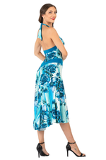 Load image into Gallery viewer, Turquoise Watercolor Floral Print Halterneck Tango Dress