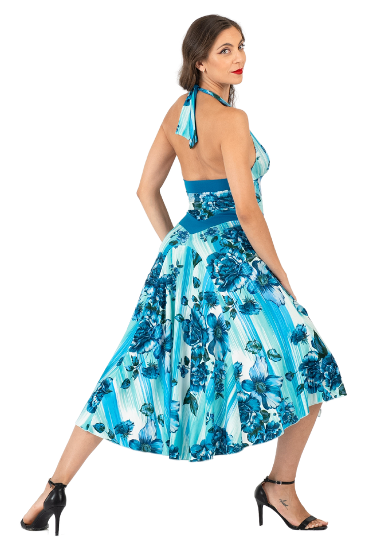 Turquoise Watercolor Floral Print Halterneck Tango Dress