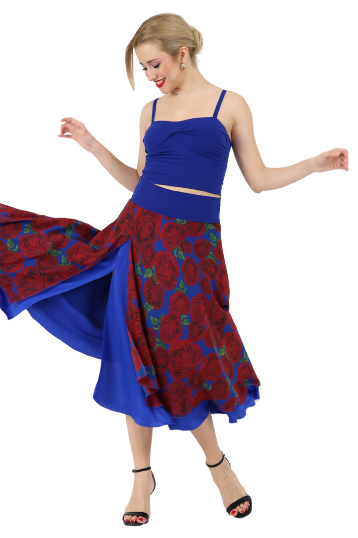 Midnight Rose Print Two-layer Satin Dance Skirt