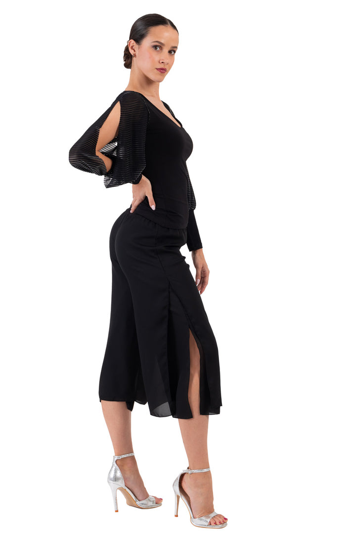 Black Top With Long Striped Lamé Split Sleeves