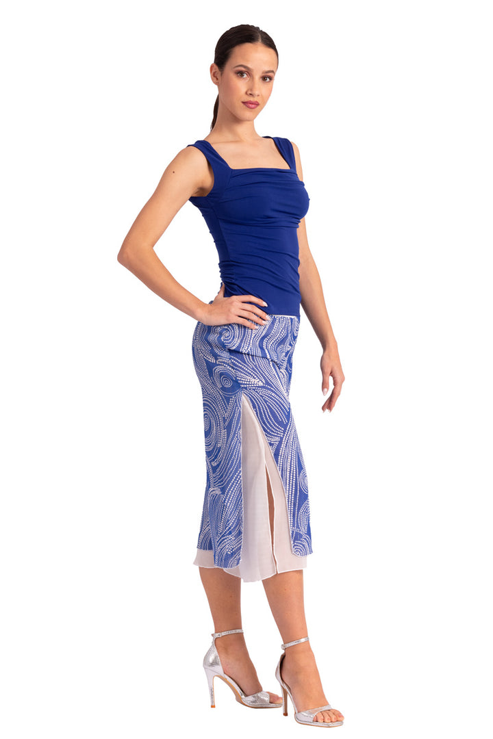 Two-layer Blue Cycladic Print Georgette Cropped Culottes With Slits