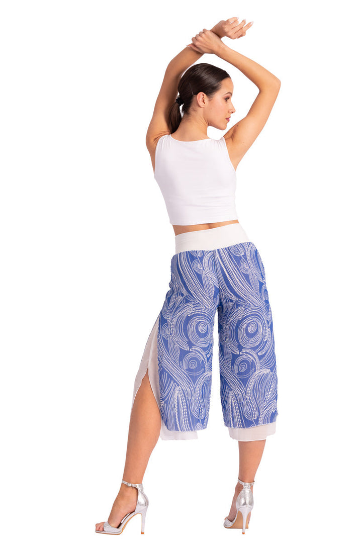 Two-layer Blue Cycladic Print Georgette Cropped Culottes With Slits