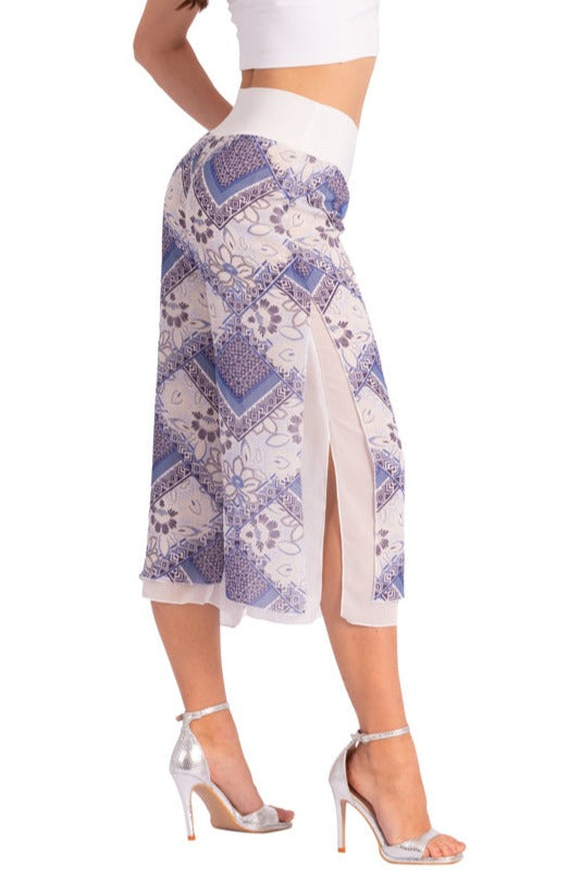 Two-layer Blue Mixed Print Georgette Cropped Culottes With Slits