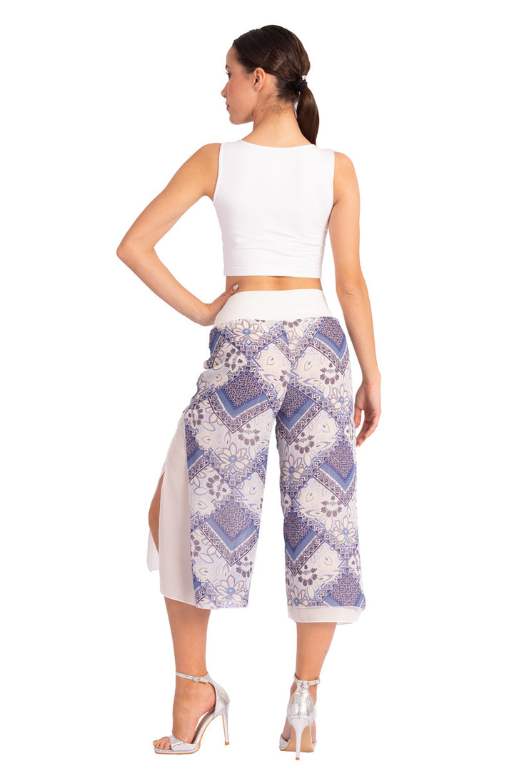 Two-layer Blue Mixed Print Georgette Cropped Culottes With Slits