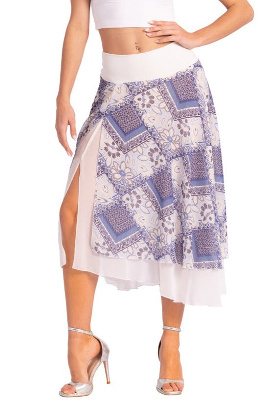 Two-layer Blue Mixed Print Georgette Dance Skirt
