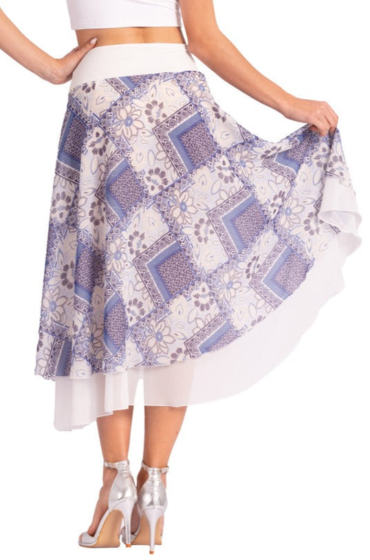 Two-layer Blue Mixed Print Georgette Dance Skirt